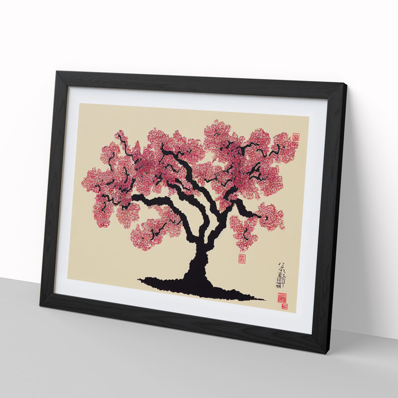 Cherry Blossom Tree Japanese - Single Picture Frame Painting, Black, 46cm H x 64cm W x 2cm D
