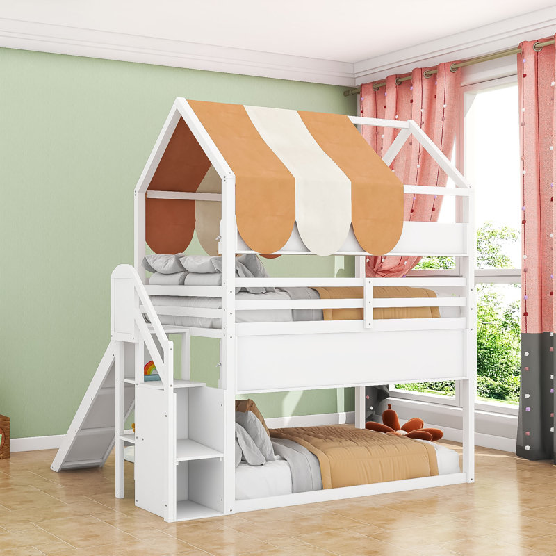 Full Over Full Wood House Bed With Slide, Canopy And Shelves, White