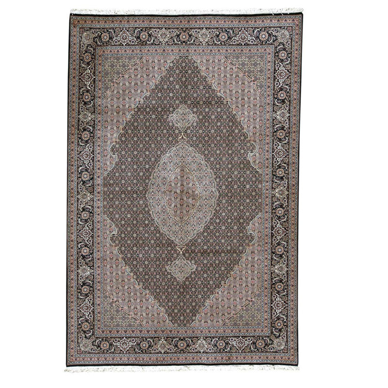 Tapis gris / noir / brun clair noué à la main de haute qualité et unique