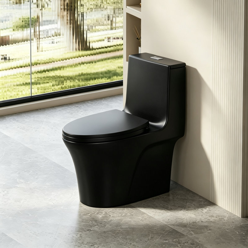 Toilette monobloc à double chasse d'eau (1,1/1,6 GPF), allongée, conforme aux normes ADA, confort optimal, abattant à fermeture amortie, à économie d'eau, à poser au sol, noire.