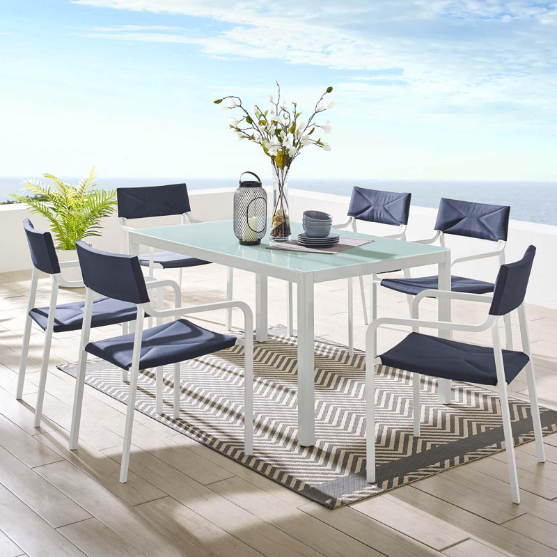 Raleigh Outdoor Patio Aluminum Dining Set with 6 Stackable Chairs, Navy Blue`