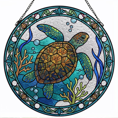 Sea Turtle Stained Glass Window Panel，12"H