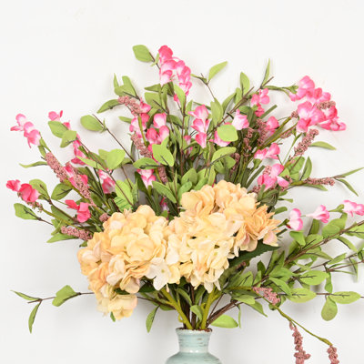 24" Artificial Spring Summer Hydrangea Wildflower Berry Floral Arrangement For Vase Filler, Farmhouse Greenery Foliage Branch Long Stem Floral Bulk Bo