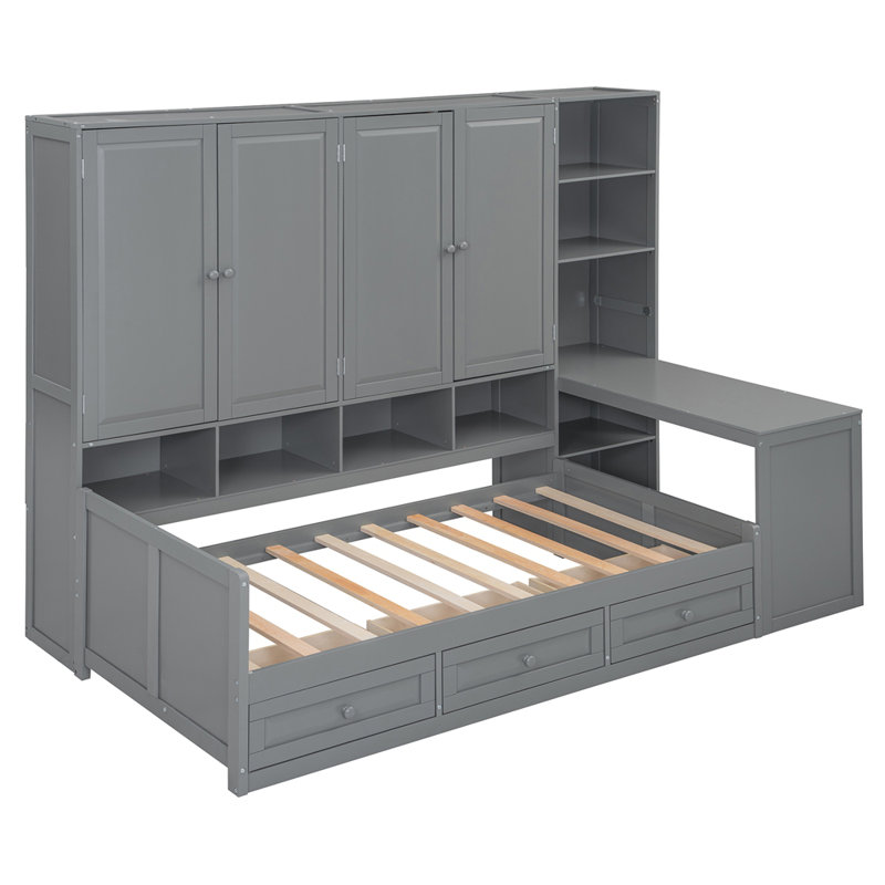 Wooden Daybed With Three Drawers, and All-in-One Cabinet, Desk and Shelves, Gray, Twin