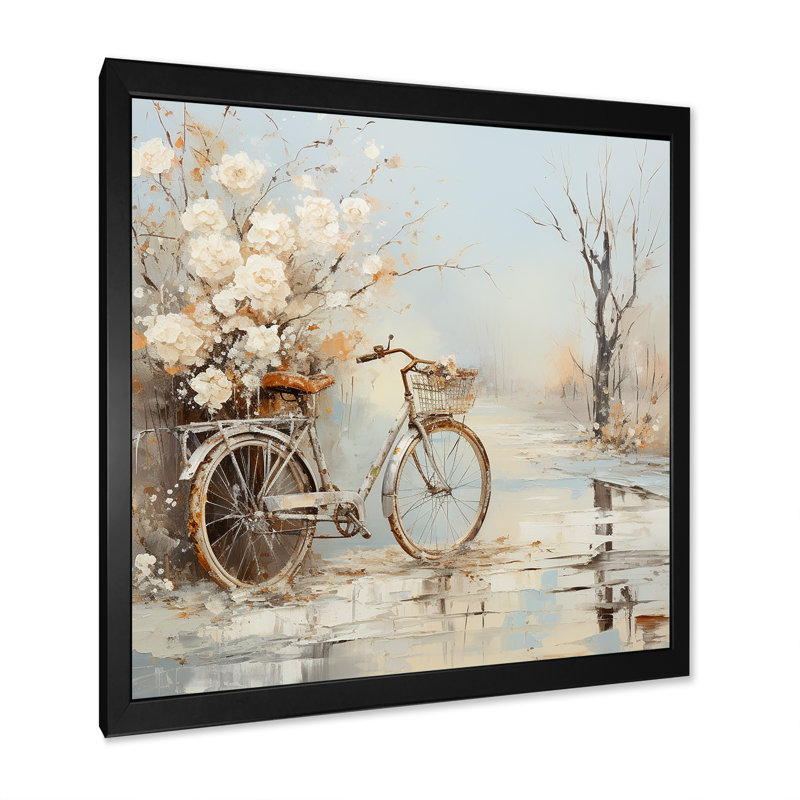 Vélo de charme en hiver III sur toile, Cadre photo noir, H 36 po x l 36 po x P 1,5 po