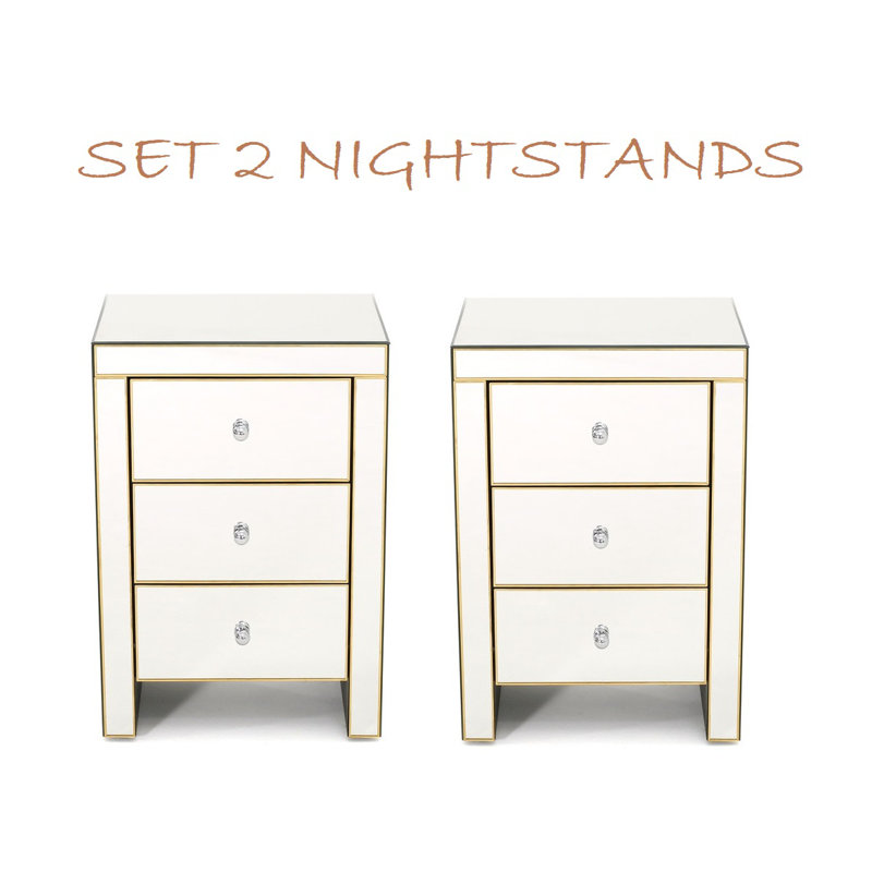  Arbois Amber 3-Drawer Mirrored Nightstand with Gold Frame – Set of 2 Modern Bedroom Side Tables