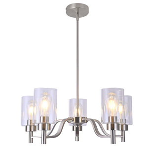 25'' 5-Light Brushed Nickel Chandelier For Dining Room Kitchen Island, Modern Farmhouse Pendant Lighting With Glass Shades Industrial Hanging Ceiling Light Fixture For Living Room, Height