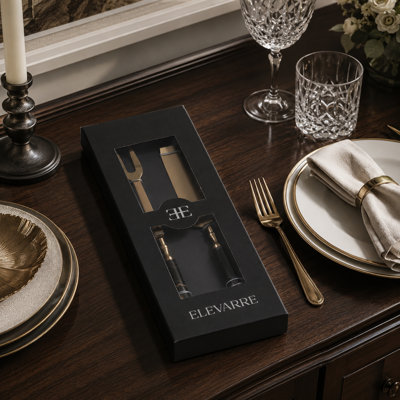 Sleek Horn Salad Utensil Server Hostess Set in Box for Kitchen Entertaining - Modern Serveware for Catering or Dining Table - Set of 2, Blue & Bronze