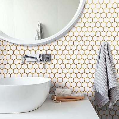 10 tuiles de dosseret hexagonales à peler et à coller blanc poli avec or mélangé pour la cuisine