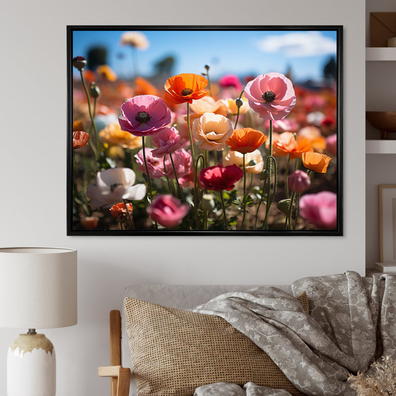 Champ de fleurs vibrantes I, H 16 po x l 32 po x P 1 po, Cadre flottant noir