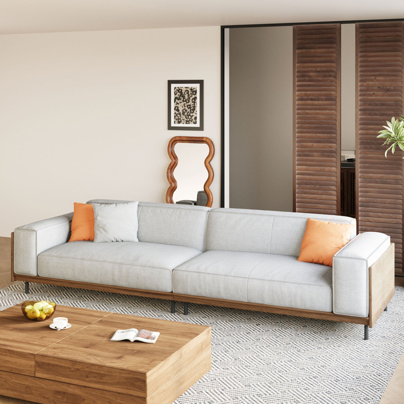 Canapé moderne 111,81 po 4 places avec accents noyer et tissu lavable - gris clair
