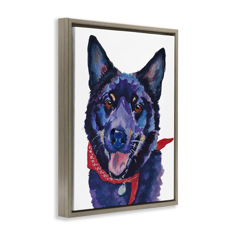 Chien noir avec cadre flottant Bandana, design par Tatiana Roberts, H 31 po x l 25 po, Cadre flottant orme Montalcino