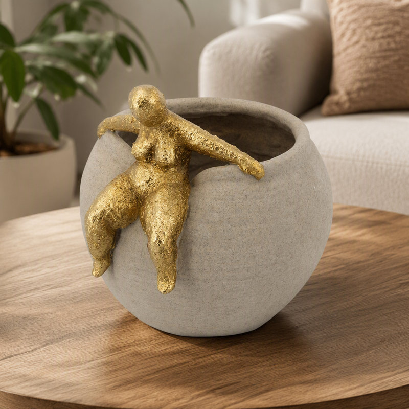 Vase d'appoint avec figurine dorée abstraite, 9,3 x 8,8 x 8,8 po