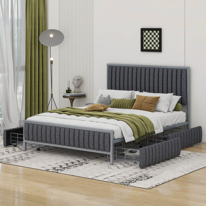 Metal Frame Upholstered Bed with 4 Drawers, Full / Double, Gray