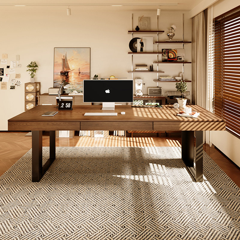 Brown + Black Rectangular Solid Wood + Iron with 3 drawers desk