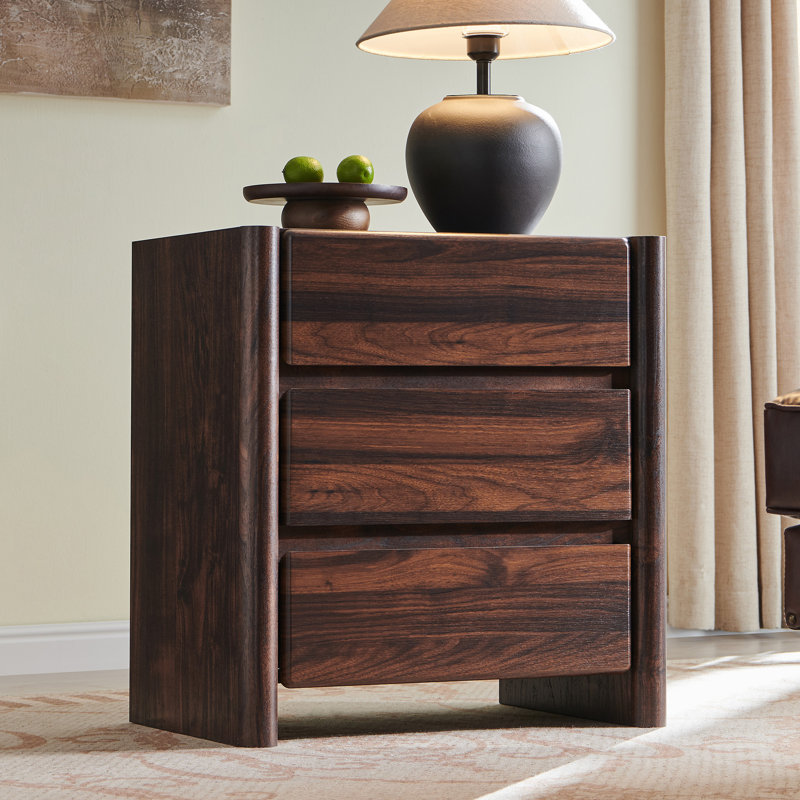 Bolanos 25" Tall Modern End Table with Charging Station & 3 Storage Drawers , Wood Side Table w/Rounded Corner Design for Bedroom