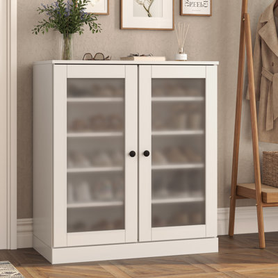 100% Solid Wood Frosted Glass Door Shoe Storage Cabinet with Adjustable Shelves, Space Saving Stackable Entryway Organizer, 32" W x 35.75" H