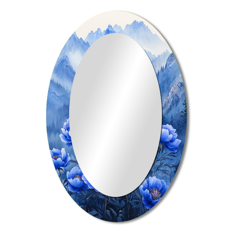 Pivoines bleues sur un sommet de montagne I - miroir mural ovale traditionnel, 36 po x 24 po