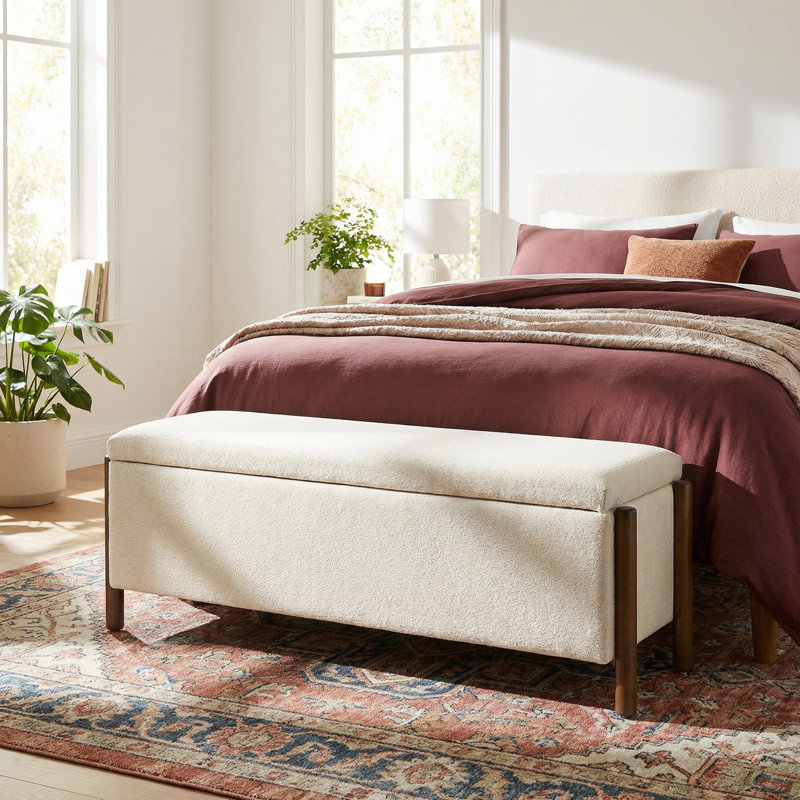 Multifunctional Chenille Storage Bench with Cylindrical Solid Wood Legs, Beige