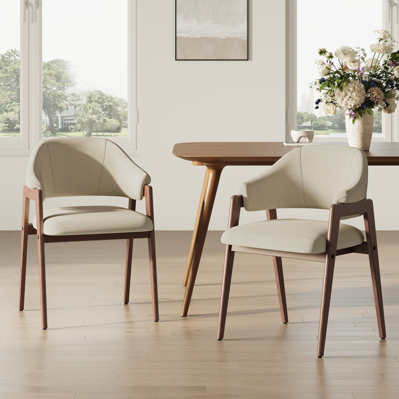19" H Modern Minimalist Upholstered Linen Dining Armchair with Solid Wood Legs, Oatmeal