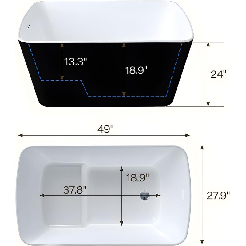 49"Acrylic Freestanding Soaking Bathtub, Deep Ergonomic Design,cUPC Certified Bath Tub, Double-Walled Insulation, Matte Drain & Overflow, Easy Install, Modern Bathroom Tub, Black Outside, White Inside
