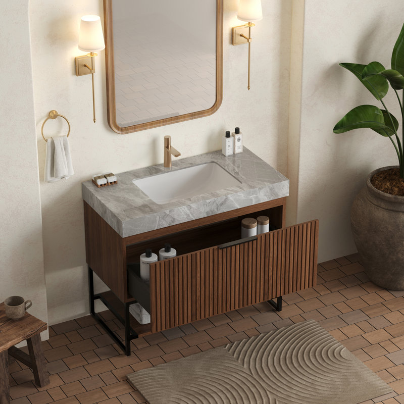Meuble-lavabo moderne avec pierre frittée et lavabo en céramique, grand rangement