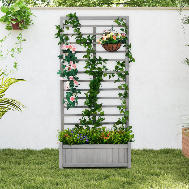 Lit de jardin surélevé avec treillis 3 couches, jardinière en bois pour plantes grimpantes, légumes