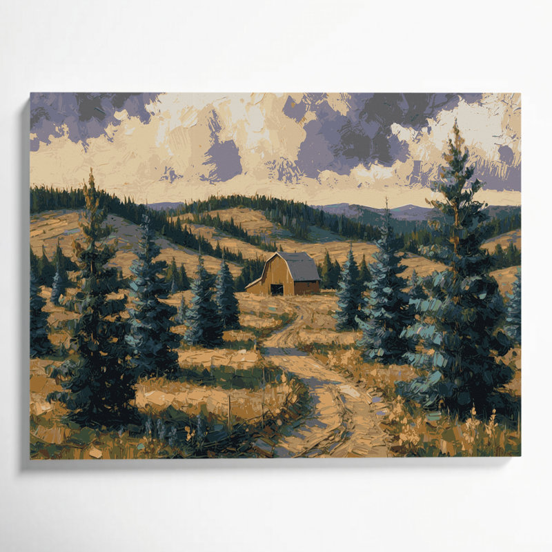 Ferme, arbres de pin gris, art mural sur toile, H 11 po x l 14 po