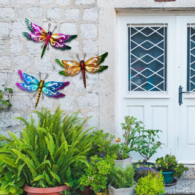 Décoration de jardin, ensemble de 3 libellules en métal colorées, décoration extérieure pour patio, cour, clôture, jardin, extérieur, cour arrière, balcon