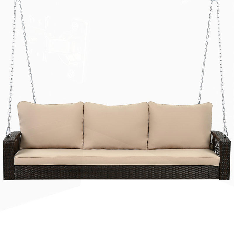 PE Wicker 3-Person Porch Swing Large Patio Swing Bench with Cushions for Backyard, Brown