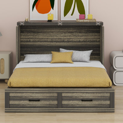 Murphy Bed Cabinet With Charging Station, Multi-Functional Foldable Platform Bed With 1 Large Storage Drawer