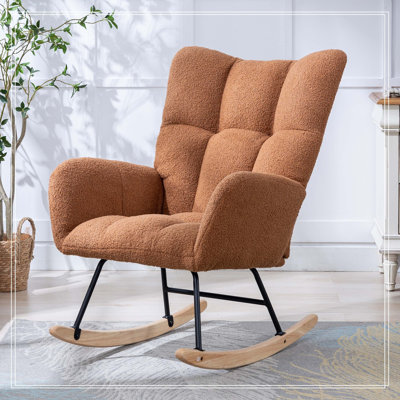 Fauteuil berçant à oreilles en tissu Teddy avec poche de rangement latérale, chaise berçante d'allaitement douce et confortable, base en bois massif robuste et sécuritaire, chaise d'appoint polyvalente pour la chambre de bébé et le salon, brun.
