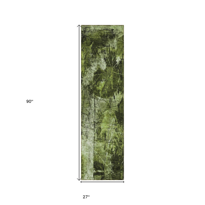 8' Runner Green Floral Washable Non Skid Indoor Outdoor Runner Rug
