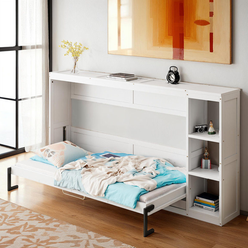 Charmant lit simple escamotable avec 3 supports de rangement, lit pliant peu encombrant pour une vie confortable, Blanc
