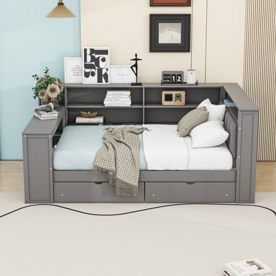 Wood Daybed with Storage Shelves, Drawers, Charging Station and LED Light