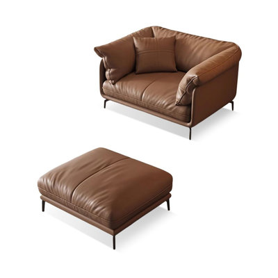 Coffee Genuine Leather cushion Arm Chair with Ottoman