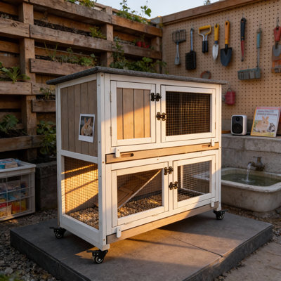 36"L Indoor & Outdoor Rabbit Hutch with Wheels & Pull-Out Trays, Grey