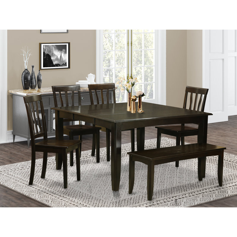 6 Piece Dining Set Contains a Square Dining Room Table with Butterfly Leaf and 4 Kitchen Chairs with a Bench, Cappuccino