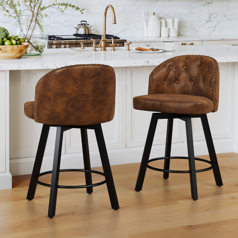 26" Swivel Upholstered Counter Stool With Backrest , Brown/Faux Leather