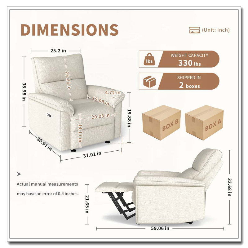 Power Recliner Chair,Electric Recliner For Living Room,Fabric Reclining Armchair For Small Space,Reclining Sofa For Bedroom/Apartment/RV,USB Port(Type-C)