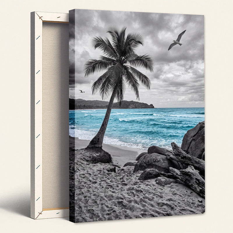 «Black and White Palm Tree Over Turquoise Ocean Waves», art mural sur toile, H 24 po x l 16 po