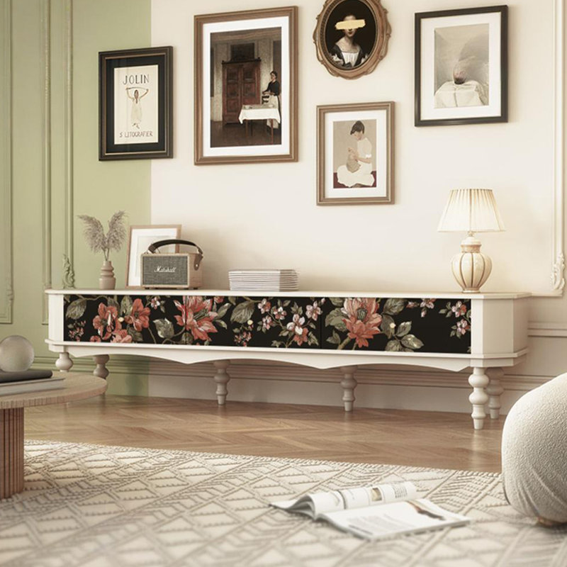 Meuble télé en bois de pin massif avec 3 tiroirs, Noir / blanc