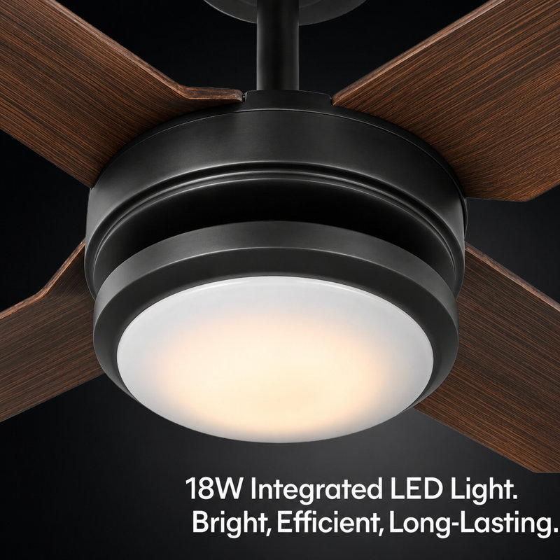 Burslem 56'' Indoor / Outdoor Ceiling Fan with Light and Remote, Color Changing LED, 6-Speed, 4-Blade, Quiet DC Motor – Matte Black with Dark Brown Wood Blades