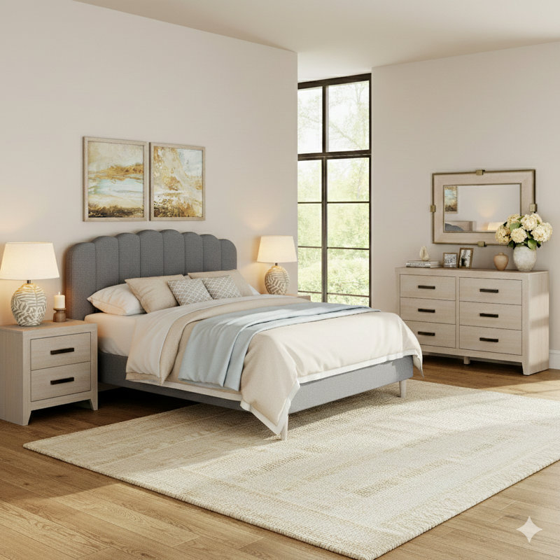 Ensemble de chambre à coucher 4 pièces: cadre de grand lit avec tête de lit, 2 tables de chevet et commode à 6 tiroirs, charme rustique