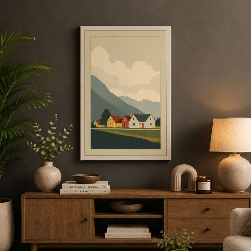 Houses and Mountains Scandinavian - Wrapped Canvas, 36x24 - 91.4 x 61.0 cm, White Border