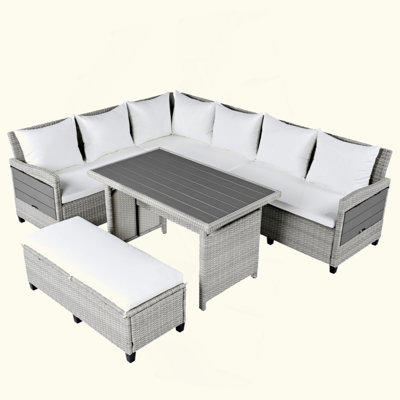 5-Piece Outdoor Patio Rattan Sofa Set, Sectional PE Wicker L-Shaped Garden Furniture Set With 2 Extendable Side Tables, Dining Table And Washable Cove -  Latitude Run®, 4E7B0F95ED2E4C27853B1926DDCC5CA4