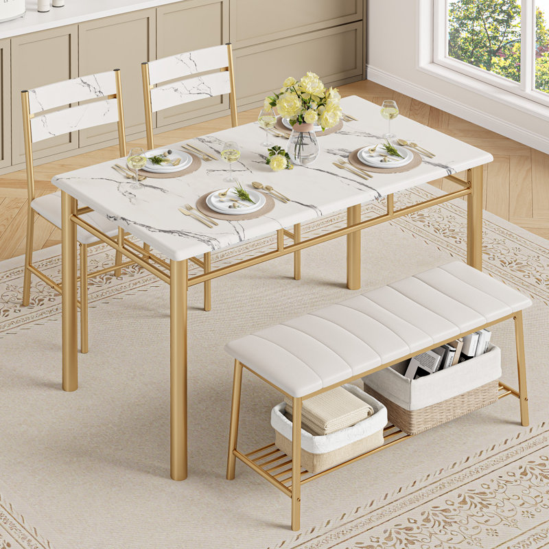 4-Piece Dining Table Set For 4, Kitchen Table With Pu Upholstered Bench and 2 Dining Chairs, White
