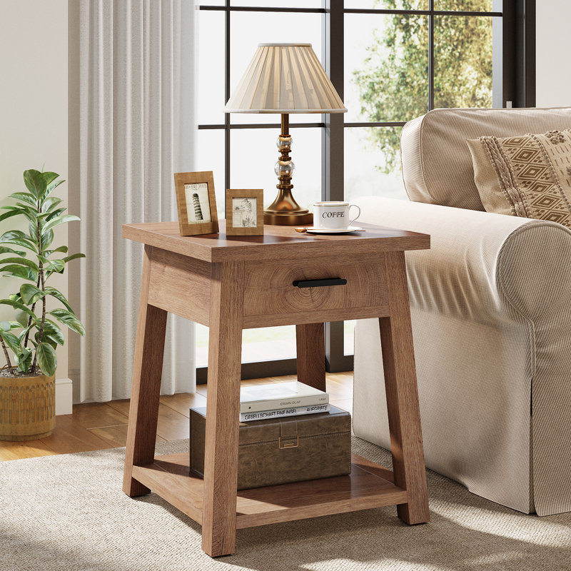 Table d'appoint avec tiroir, table de bout en bois à 2 niveaux avec tablette de rangement