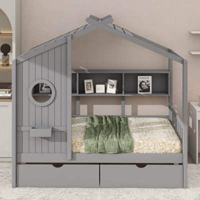 Wooden Twin Size House-Style Bed With 2 Drawers, Incorporating Storage Shelf