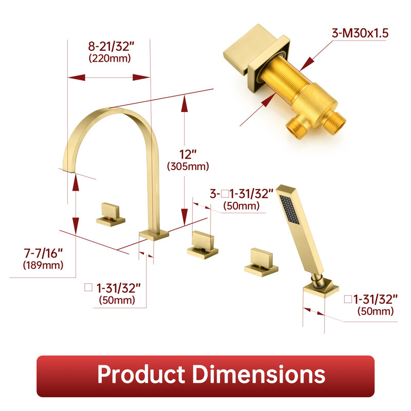 Robinet de baignoire romaine moderne en or brossé Sumerain avec douche à main, robinet de baignoire à fixation sur le comptoir à 5 trous, bec cascade et conception à remplissage rapide